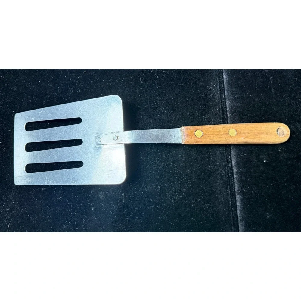 Vintage Robinson Stainless USA Slotted Spatula Wood Handle Brass Rivets Turner